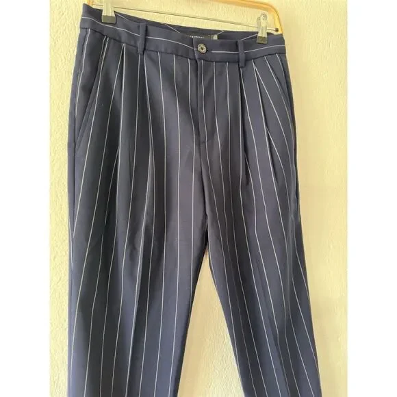 Lauren Ralph Lauren Black Label Pleated Navy Pinstripe Cuffed High Waist Sz 4 - Picture 3 of 14
